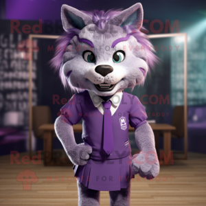 Purple Lynx mascot costume character dressed with a Pencil Skirt and Tie pins
