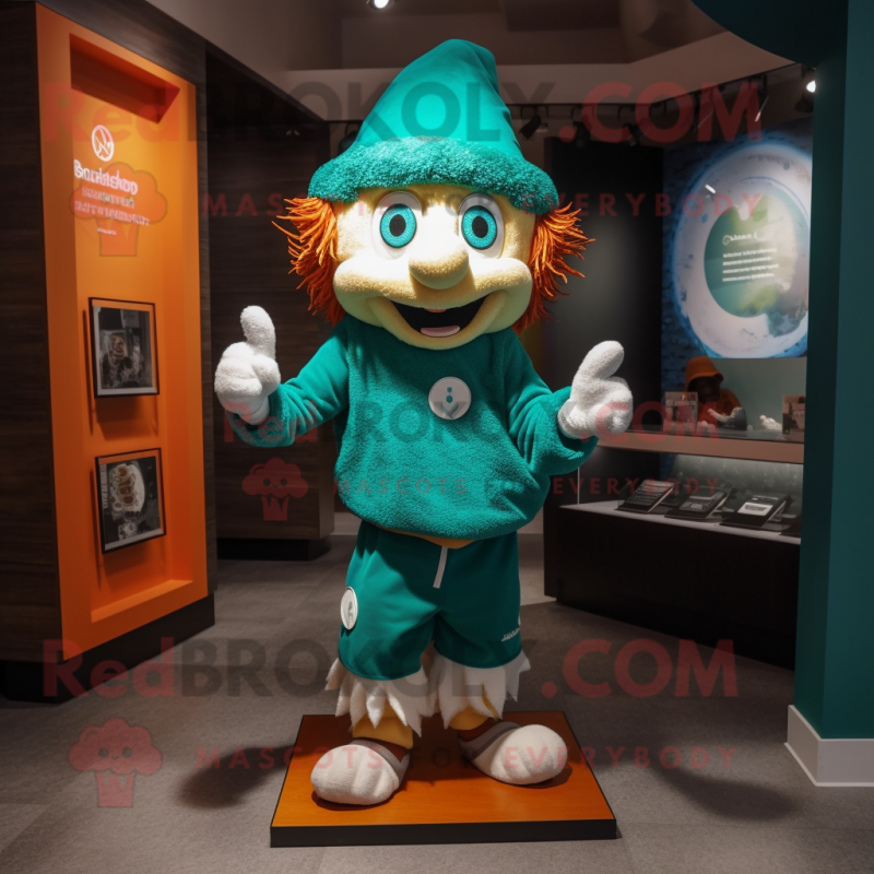 Teal Leprechaun mascot costume character dressed with a Running Shorts and Shawl pins