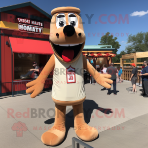 Tan Hot Dogs mascot costume character dressed with a T-Shirt and Suspenders