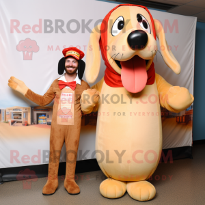 Tan Hot Dogs mascot costume character dressed with a T-Shirt and Suspenders