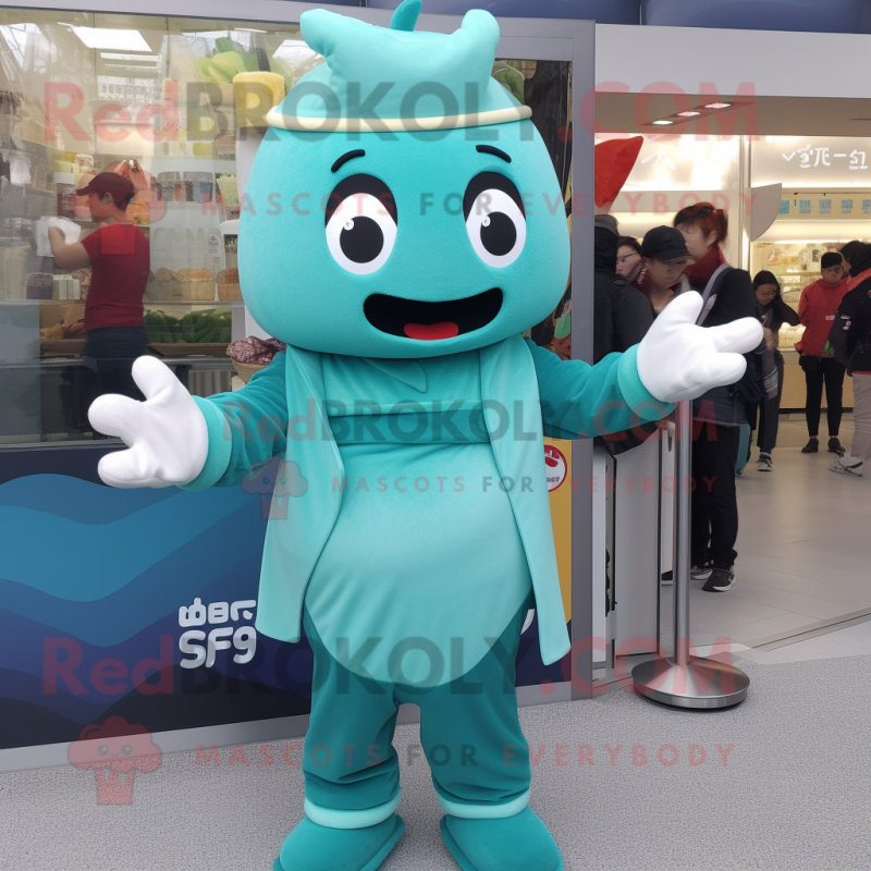 Cyan Miso Soup mascot costume character dressed with a Jumpsuit and Mittens