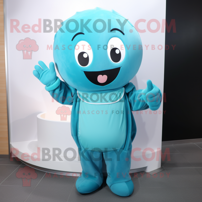 Cyan Miso Soup mascot costume character dressed with a Jumpsuit and Mittens
