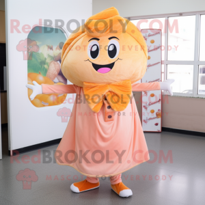 Peach Pizza Slice mascot costume character dressed with a Culottes and Scarves
