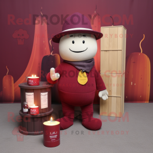 Maroon Scented Candle mascot costume character dressed with a Corduroy Pants and Hats