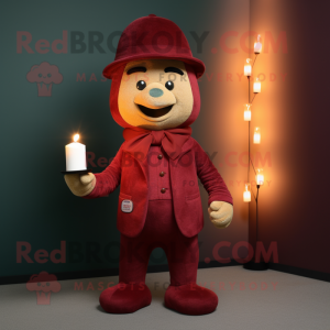 Maroon Scented Candle mascot costume character dressed with a Corduroy Pants and Hats