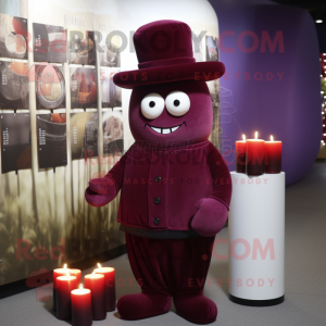 Maroon Scented Candle mascot costume character dressed with a Corduroy Pants and Hats