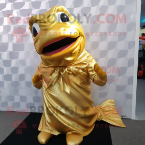 Gold Cod mascot costume character dressed with a Cover-up and Bow ties