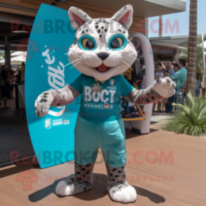 Teal Bobcat mascot costume character dressed with a Board Shorts and Headbands