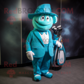 Cyan Golf Bag mascot costume character dressed with a Suit Jacket and Caps