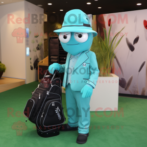 Cyan Golf Bag mascot costume character dressed with a Suit Jacket and Caps