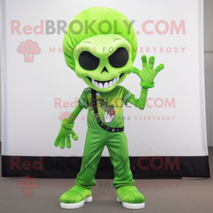 Lime Green Skull mascot costume character dressed with a Capri Pants and Hair clips