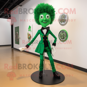 Green Irish Dancer mascot costume character dressed with a Skinny Jeans and Tie pins