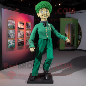 Green Irish Dancer mascot costume character dressed with a Skinny Jeans and Tie pins