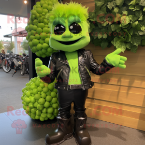 Lime Green Grape mascot costume character dressed with a Leather Jacket and Gloves