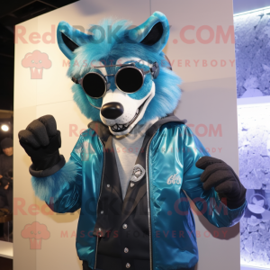 Cyan Wolf maskot drakt...