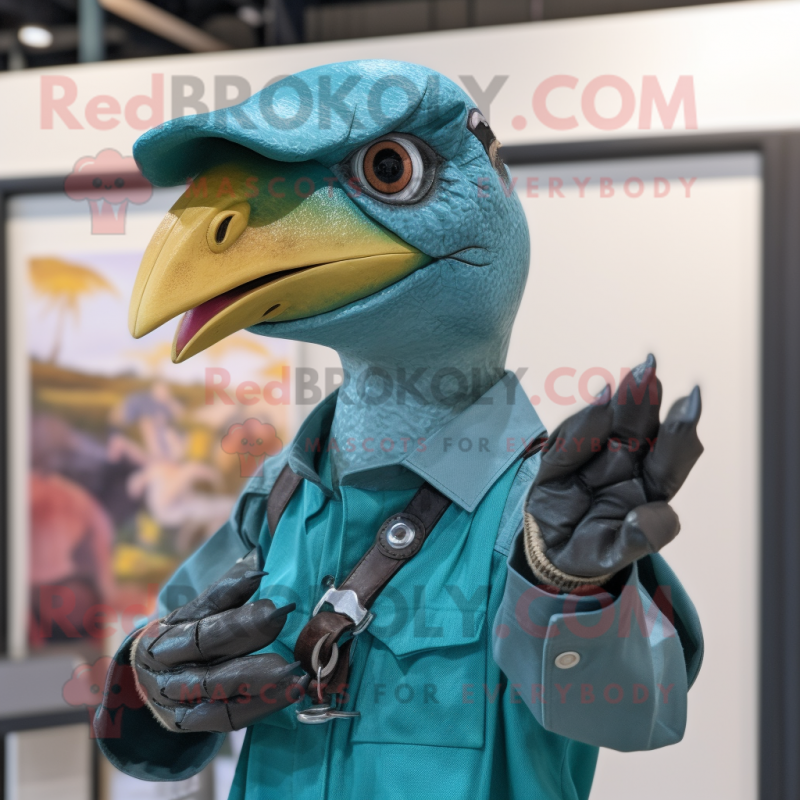 Teal Utahraptor mascot costume character dressed with a Chinos and Gloves