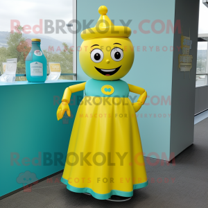 Cyan Bottle Of Mustard mascot costume character dressed with a Empire Waist Dress and Anklets