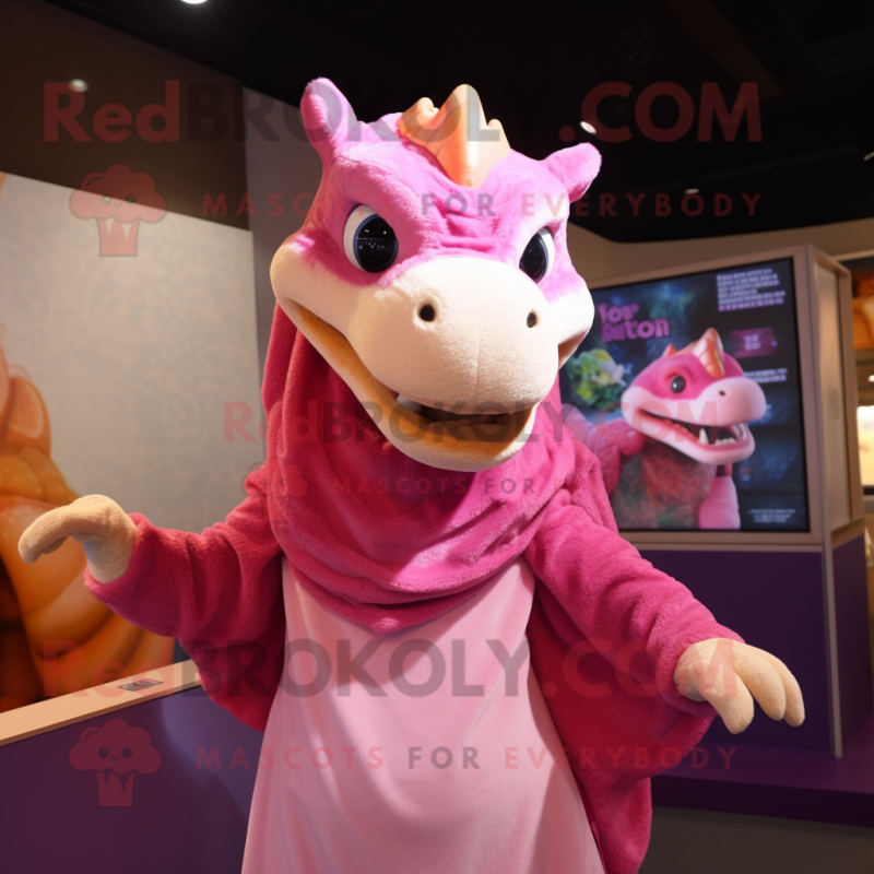 Pink Dragon mascot costume character dressed with a Blouse and Shawls