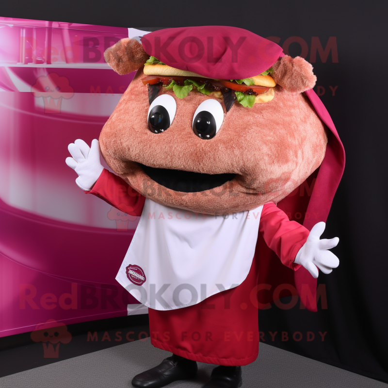 Magenta Pulled Pork Sandwich mascot costume character dressed with a Oxford Shirt and Shawls