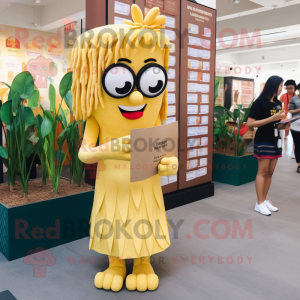 Yellow Pad Thai mascot costume character dressed with a Shift Dress and Reading glasses