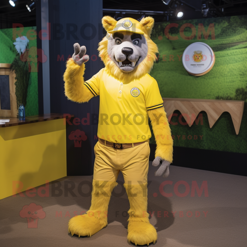 Lemon Yellow Werewolf mascot costume character dressed with a Polo Shirt and Lapel pins