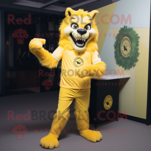 Lemon Yellow Werewolf mascot costume character dressed with a Polo Shirt and Lapel pins