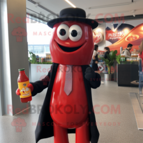 Red Bottle Of Ketchup mascot costume character dressed with a Suit Jacket and Wraps