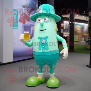 Sky Blue Green Beer mascot costume character dressed with a Running Shorts and Hat pins