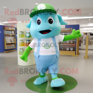 Sky Blue Green Beer mascot costume character dressed with a Running Shorts and Hat pins