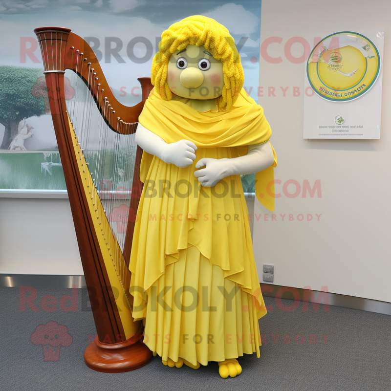 Lemon Yellow Celtic Harp mascot costume character dressed with a Skirt and Shawls