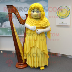 Lemon Yellow Celtic Harp mascot costume character dressed with a Skirt and Shawls