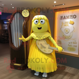 Lemon Yellow Celtic Harp mascot costume character dressed with a Skirt and Shawls
