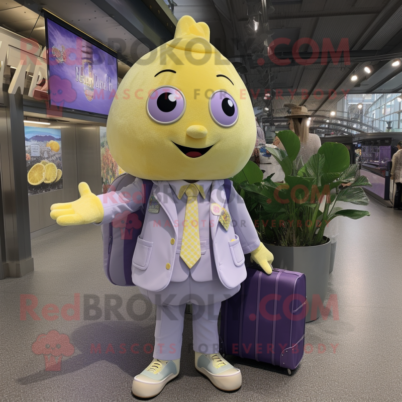 Lavender Lemon mascot costume character dressed with a Poplin Shirt and Coin purses