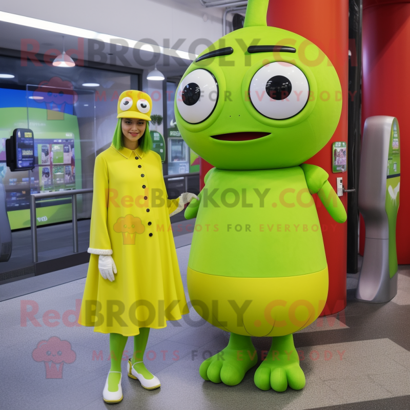 Lime Green Cyclops mascot costume character dressed with a Midi Dress and Berets