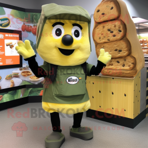 Olive Grilled Cheese Sandwich mascot costume character dressed with a Cargo Shorts and Mittens