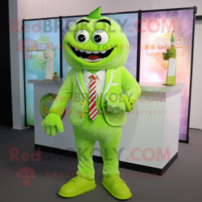 Lime Green Ice mascot costume character dressed with a Blazer and Suspenders