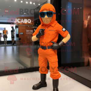 Orange Gi Joe mascot costume character dressed with a Oxford Shirt and Eyeglasses