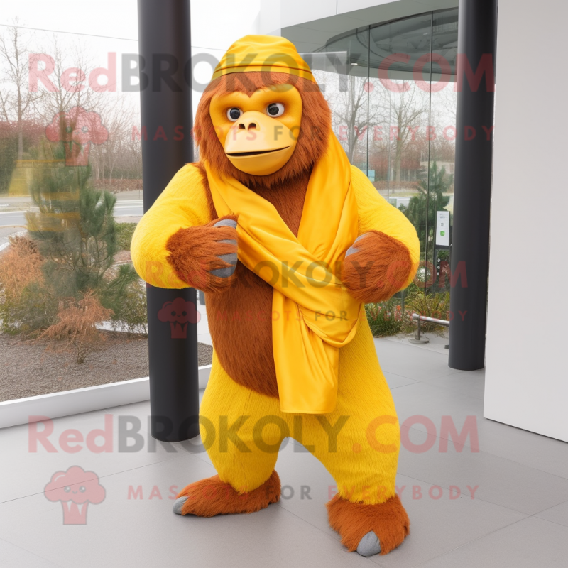 Yellow Orangutan mascot costume character dressed with a Flare Jeans and Scarves