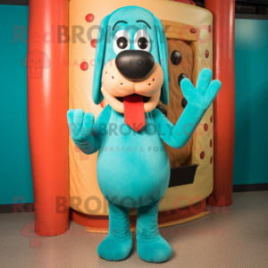 Teal Hot Dogs mascot costume character dressed with a Romper and Mittens