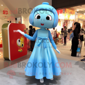 Sky Blue Miso Soup mascot costume character dressed with a Midi Dress and Hairpins