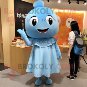 Sky Blue Miso Soup mascot costume character dressed with a Midi Dress and Hairpins