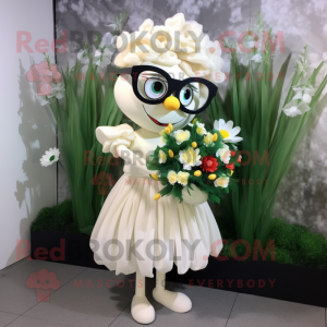 Cream Bouquet Of Flowers mascot costume character dressed with a Pleated Skirt and Eyeglasses
