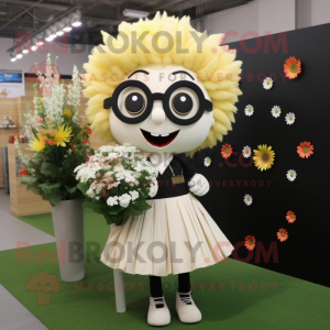 Cream Bouquet Of Flowers mascot costume character dressed with a Pleated Skirt and Eyeglasses