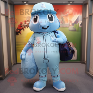 Sky Blue Baseball Ball mascot costume character dressed with a Dungarees and Backpacks