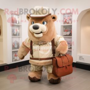 Beige Bison mascot costume character dressed with a Overalls and Handbags
