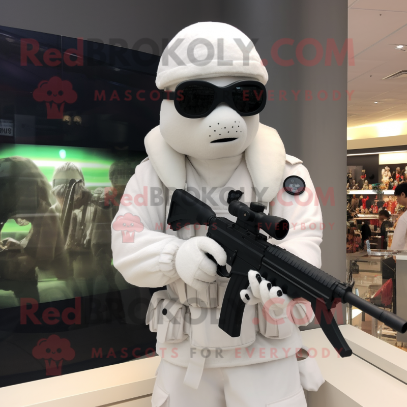 White Sniper mascot costume character dressed with a Suit and ...