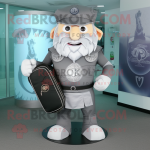 Gray Celtic Shield mascot costume character dressed with a Dress Pants and Messenger bags