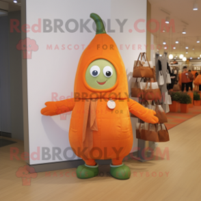 Orange Zucchini mascot costume character dressed with a Coat and Tote bags