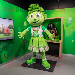 Lime Green Irish Dancer mascot costume character dressed with a Cargo Shorts and Messenger bags