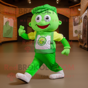 Lime Green Irish Dancer mascot costume character dressed with a Cargo Shorts and Messenger bags